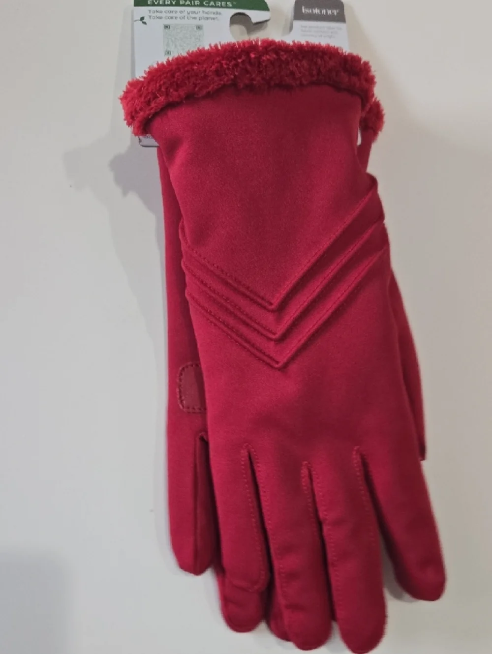 isotoner Women's Red Faux-Fur Trim SmartDri Gloves